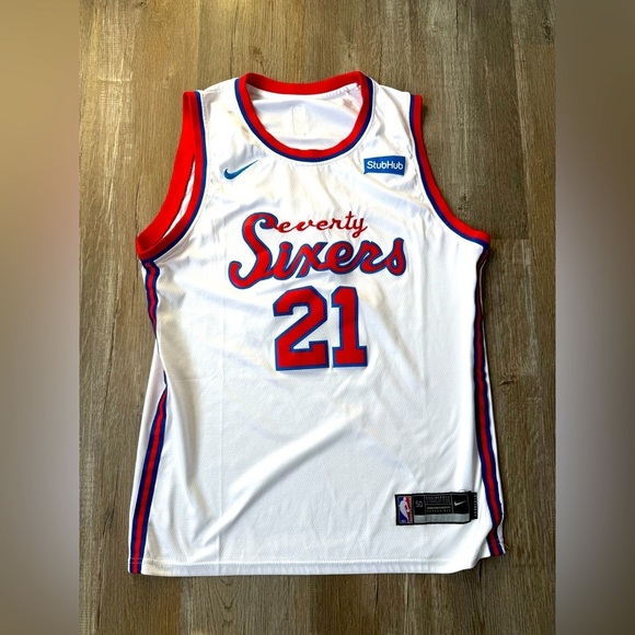 Philadelphia Sixers 76ers Joel Embiid Basketball Jersey White Red Blue Size M L - Picture 1 of 11